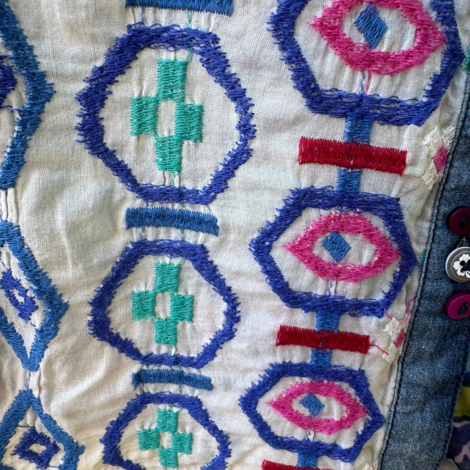 Desigual Y2K Boho Artsy Maximalist Embroidered Western Folk Denim Accent Shirt M