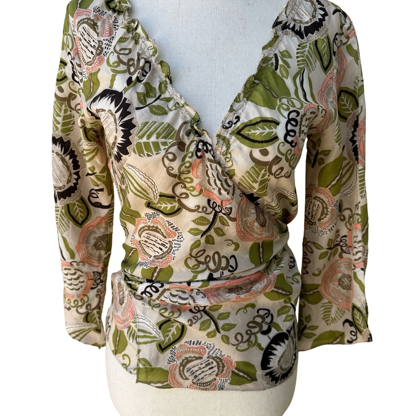 Poleci Y2K Silk Boho Cottagecore Romantic Floral Botanical Wrap Ruffle Blouse S