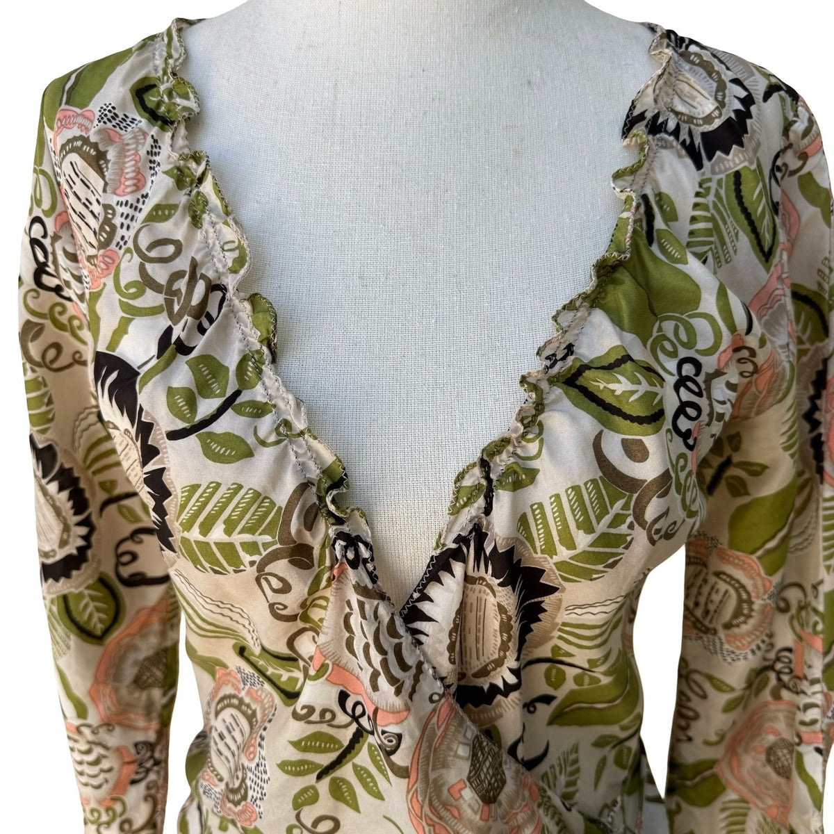 Poleci Y2K Silk Boho Cottagecore Romantic Floral Botanical Wrap Ruffle Blouse S