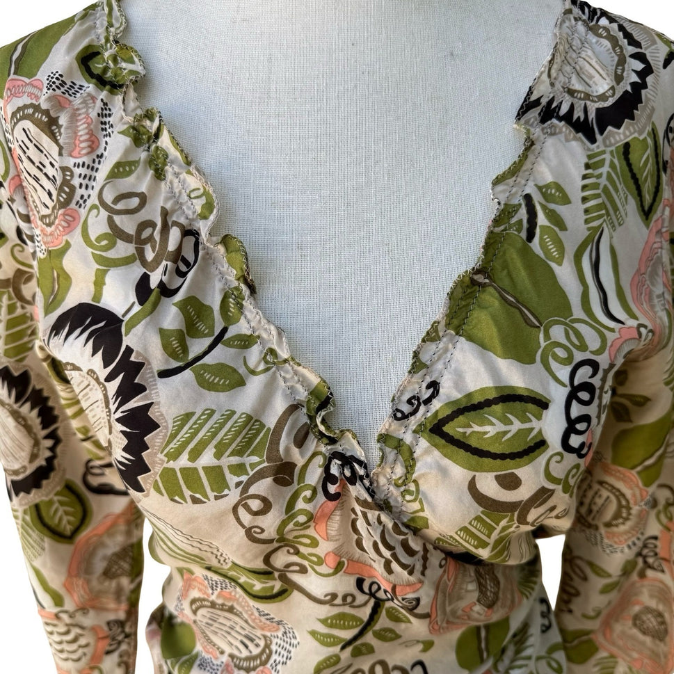 Poleci Y2K Silk Boho Cottagecore Romantic Floral Botanical Wrap Ruffle Blouse S