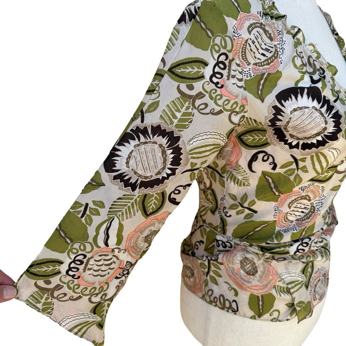 Poleci Y2K Silk Boho Cottagecore Romantic Floral Botanical Wrap Ruffle Blouse S