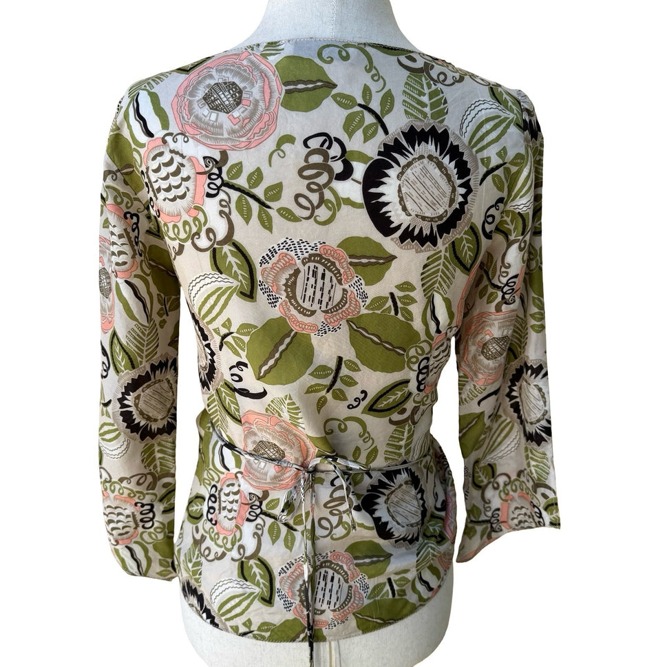 Poleci Y2K Silk Boho Cottagecore Romantic Floral Botanical Wrap Ruffle Blouse S