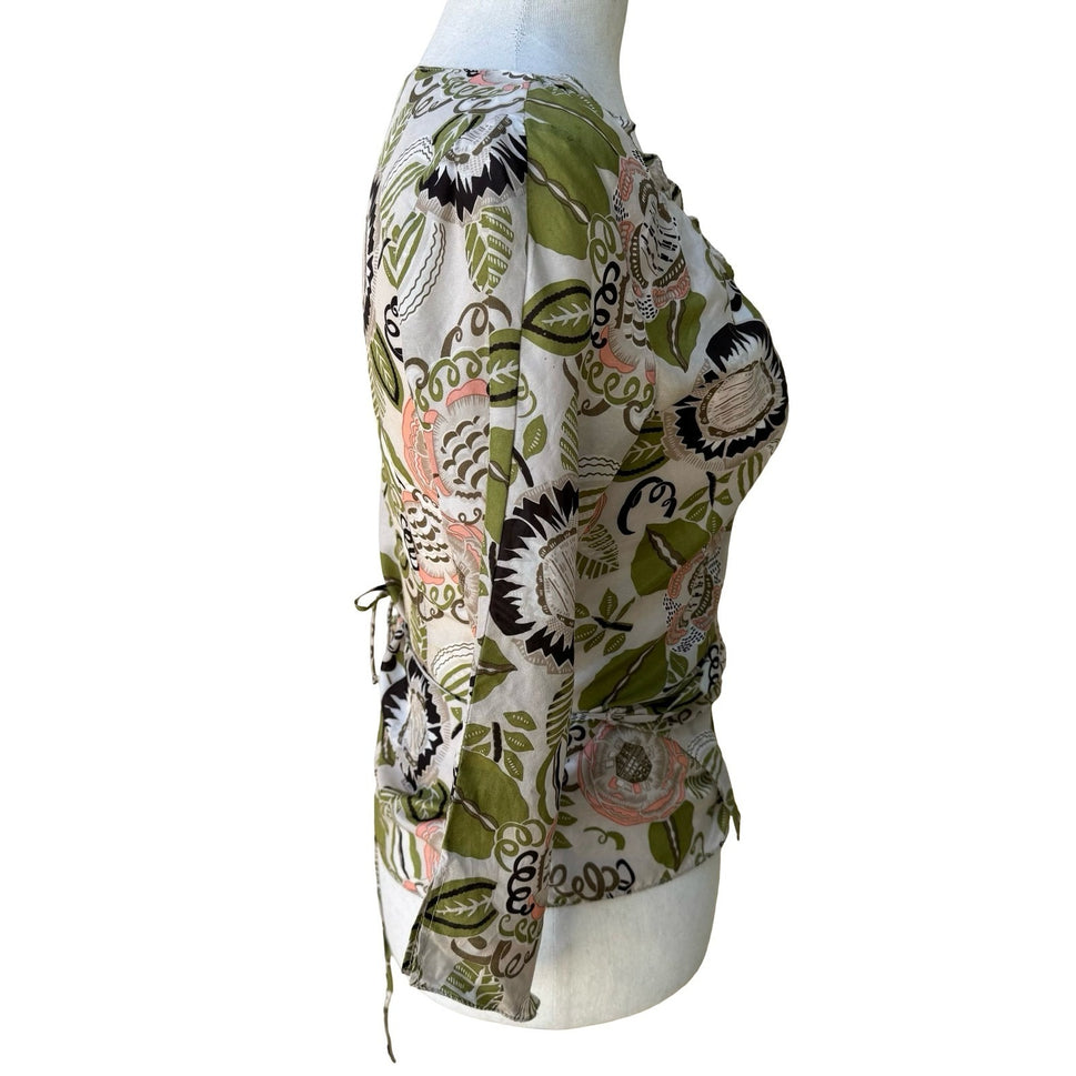 Poleci Y2K Silk Boho Cottagecore Romantic Floral Botanical Wrap Ruffle Blouse S