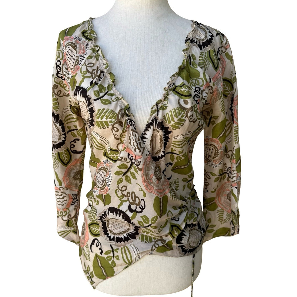Poleci Y2K Silk Boho Cottagecore Romantic Floral Botanical Wrap Ruffle Blouse S