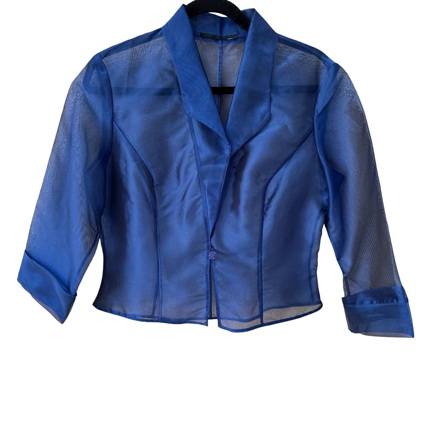 Cobalt Blue Sheer Organza Cropped Blazer 3/4 Sleeve Notched Lapel Small Evening