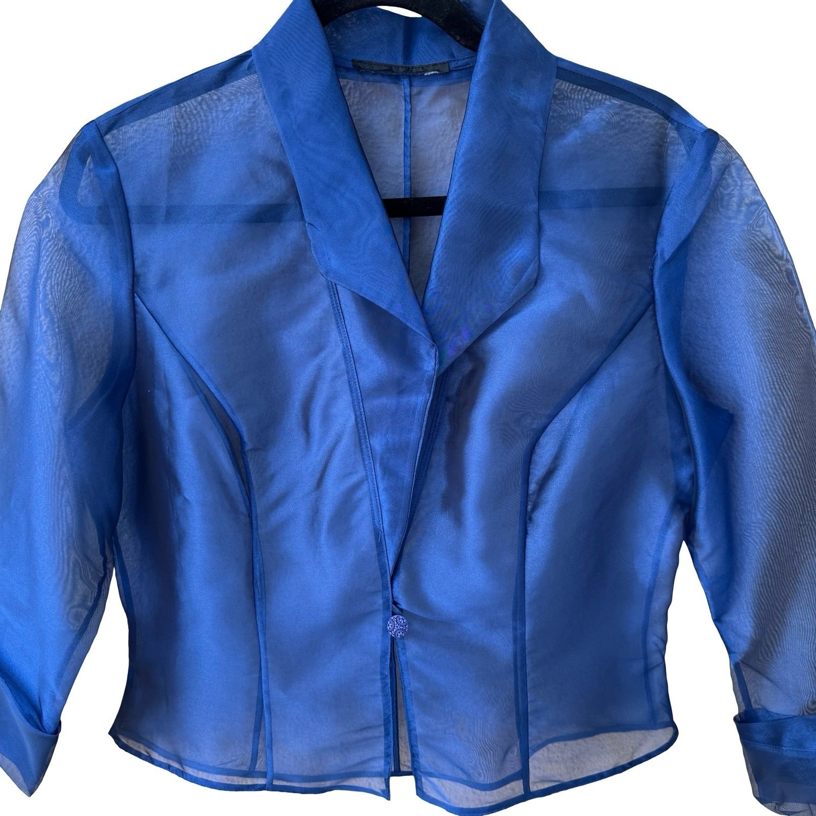 Cobalt Blue Sheer Organza Cropped Blazer 3/4 Sleeve Notched Lapel Small Evening