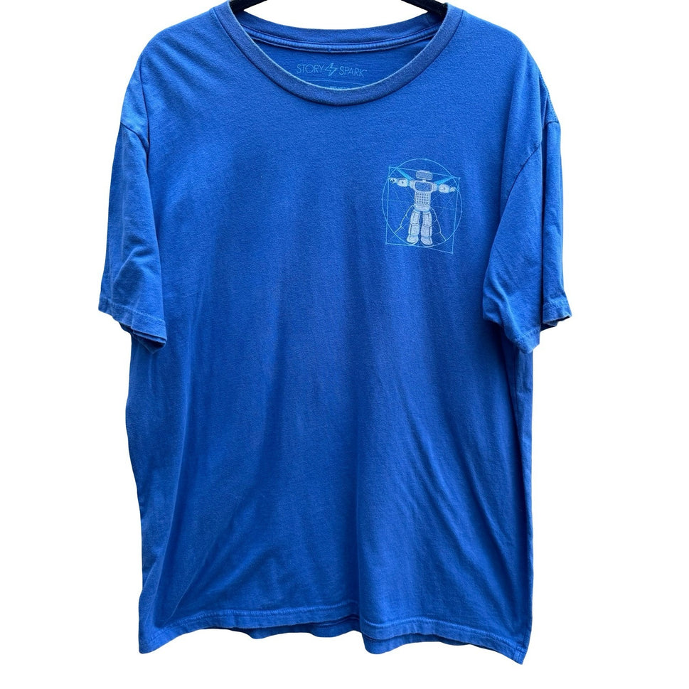 Story Spark Blue Vitruvian Robot STEM Robotics Techwear Graphic T-Shirt Mens L