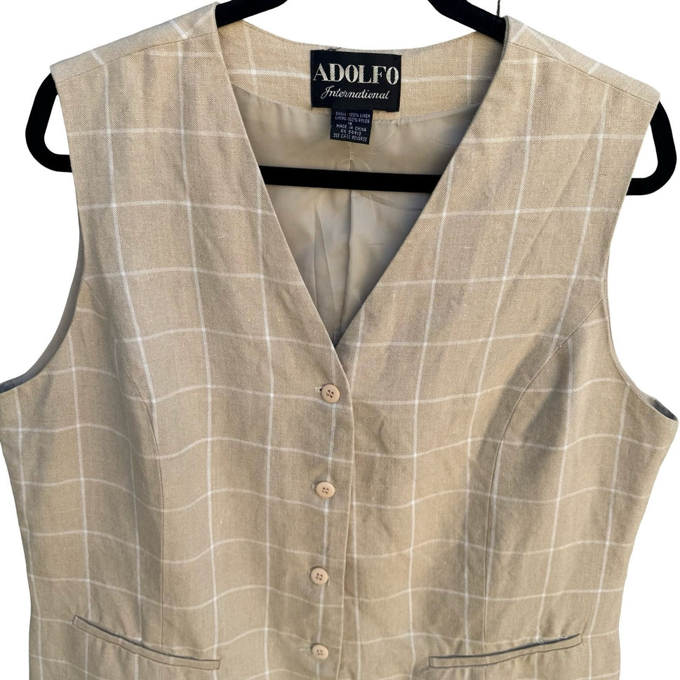 Adolfo Vintage 90s Tan Windowpane Plaid 100% Linen Button Front Vest Womens 16