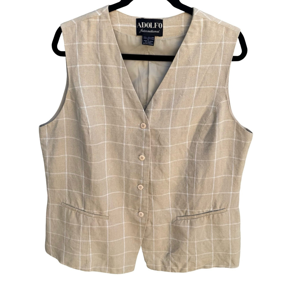 Adolfo Vintage 90s Tan Windowpane Plaid 100% Linen Button Front Vest Womens 16