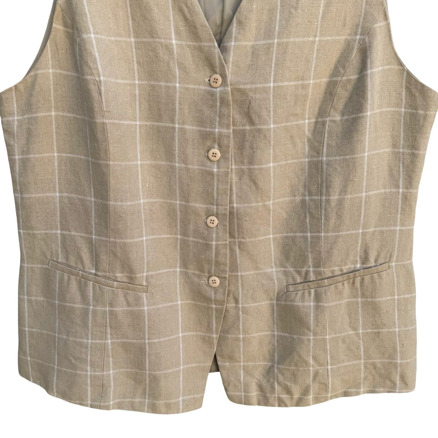Adolfo Vintage 90s Tan Windowpane Plaid 100% Linen Button Front Vest Womens 16