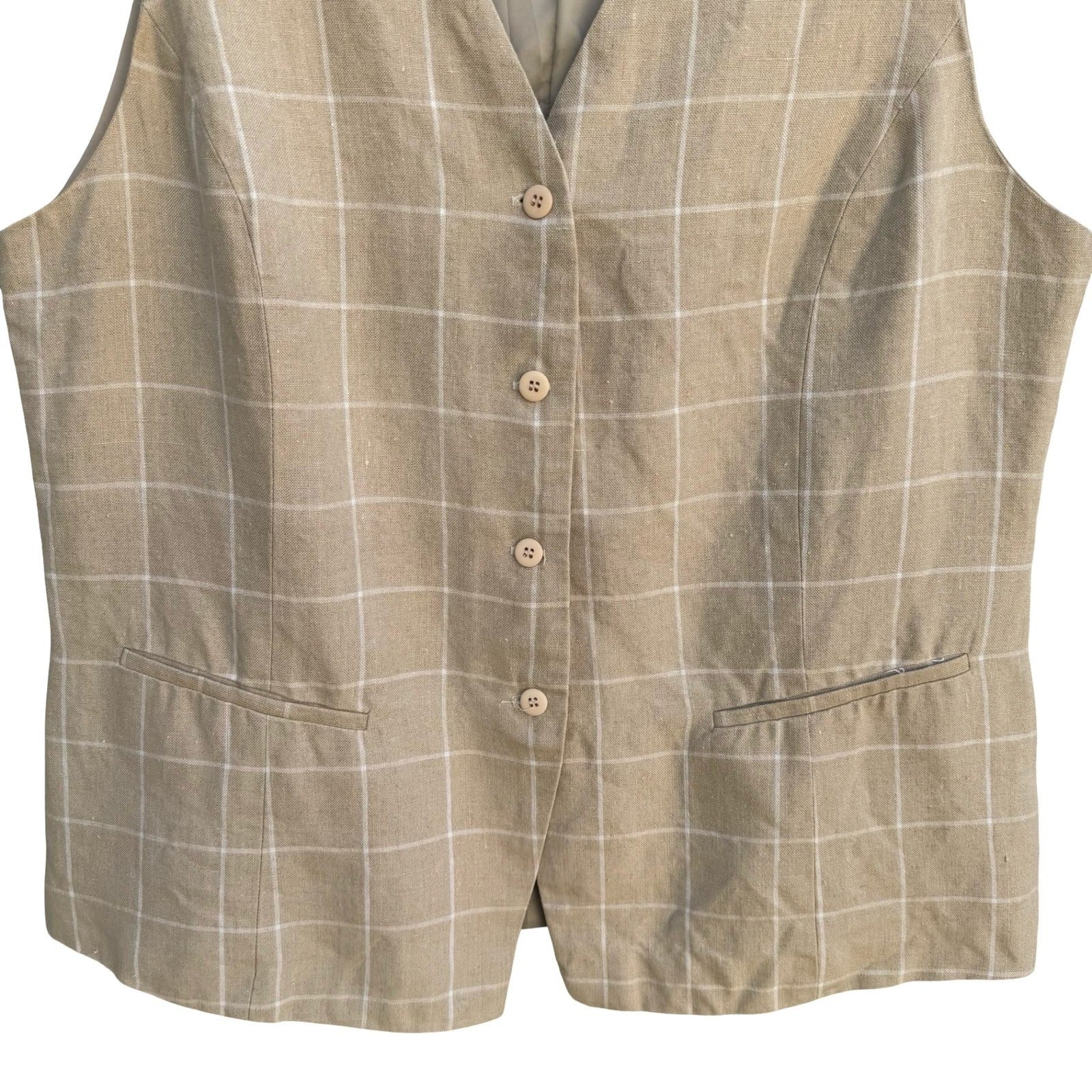 Adolfo Vintage 90s Tan Windowpane Plaid 100% Linen Button Front Vest Womens 16