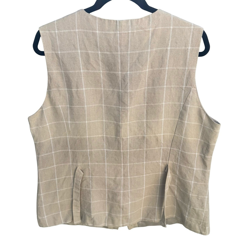 Adolfo Vintage 90s Tan Windowpane Plaid 100% Linen Button Front Vest Womens 16
