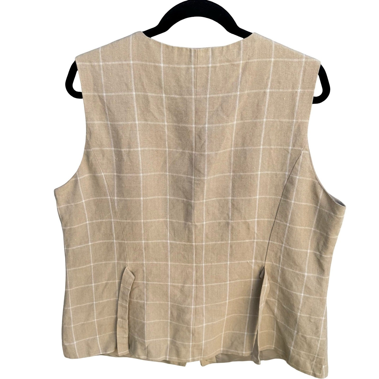 Adolfo Vintage 90s Tan Windowpane Plaid 100% Linen Button Front Vest Womens 16