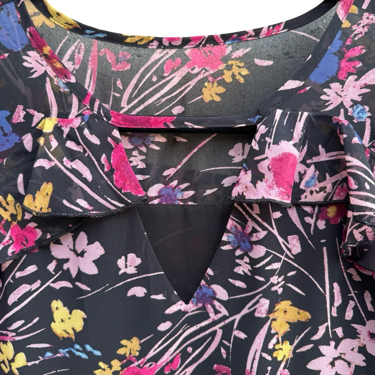 Boho Whimsigoth Cottagecore Dark Floral Ruffle Flowy Chiffon Romantic Blouse L