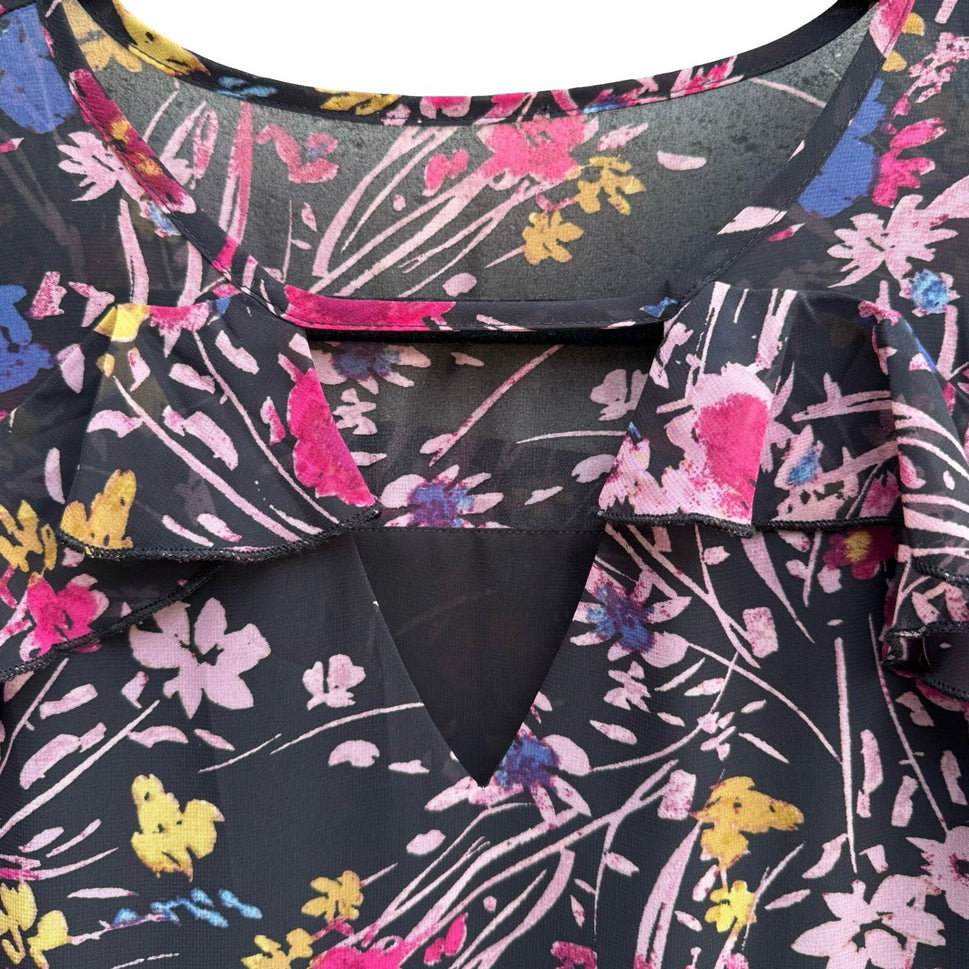 Boho Whimsigoth Cottagecore Dark Floral Ruffle Flowy Chiffon Romantic Blouse L