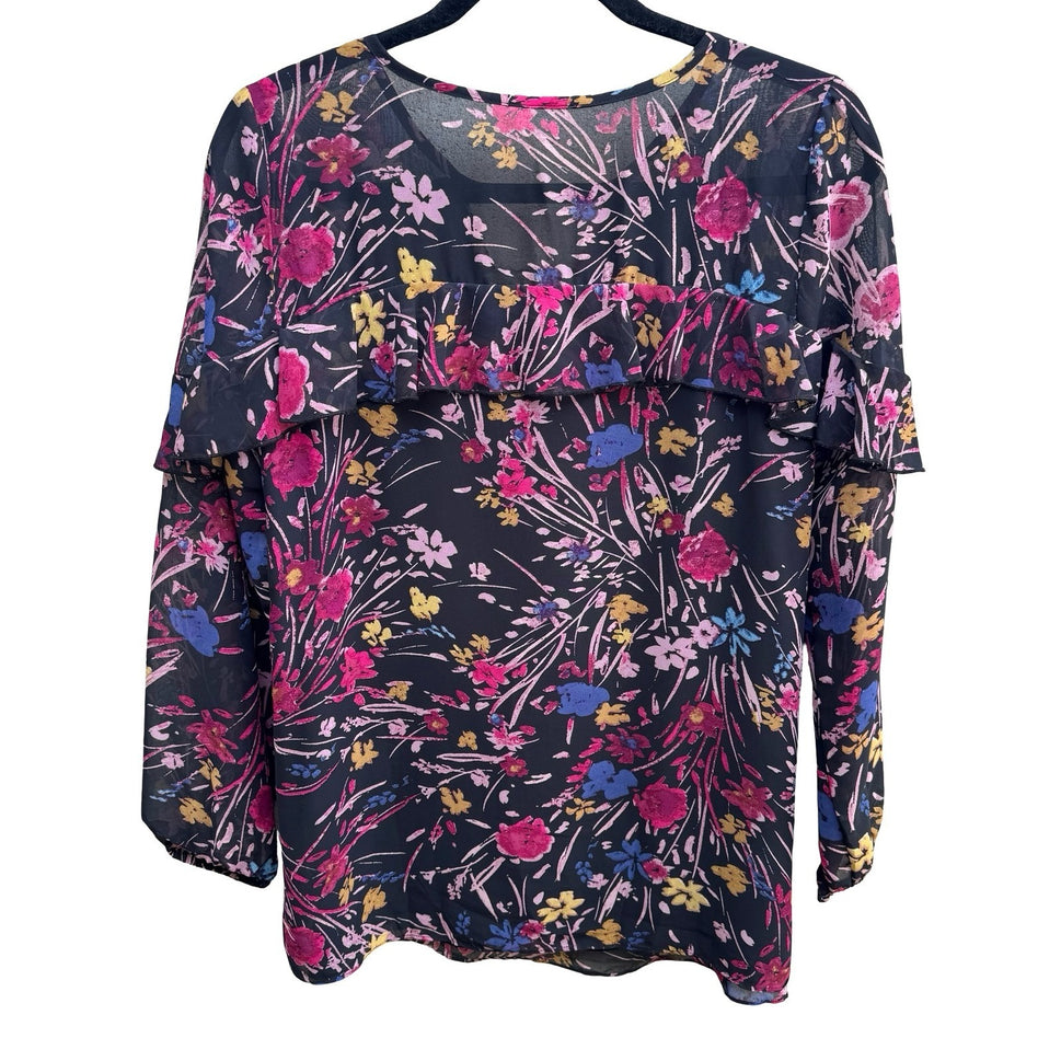 Boho Whimsigoth Cottagecore Dark Floral Ruffle Flowy Chiffon Romantic Blouse L