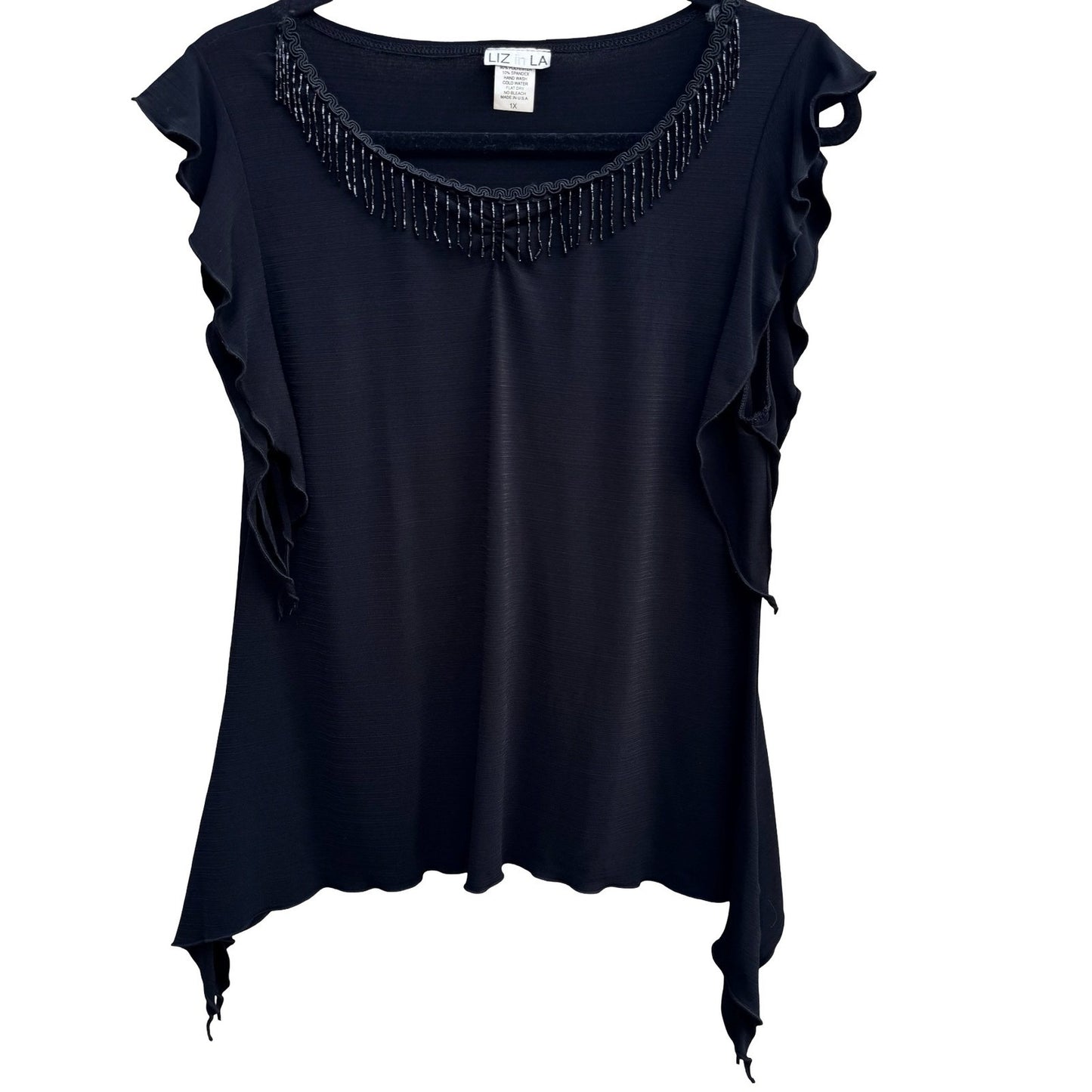 Liz in LA Whisigoth Witchy Beaded Flutter Sleeve Handkerchief Hem Blouse 1X
