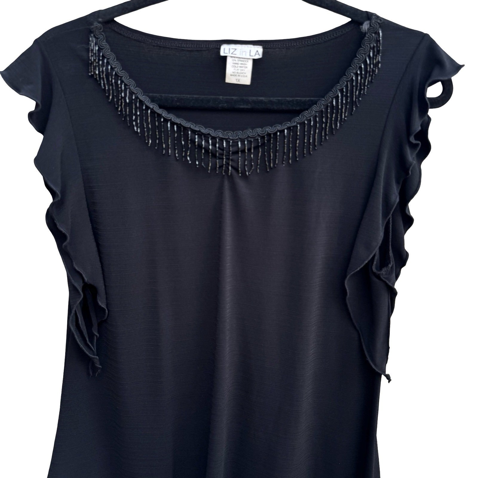 Liz in LA Whisigoth Witchy Beaded Flutter Sleeve Handkerchief Hem Blouse 1X
