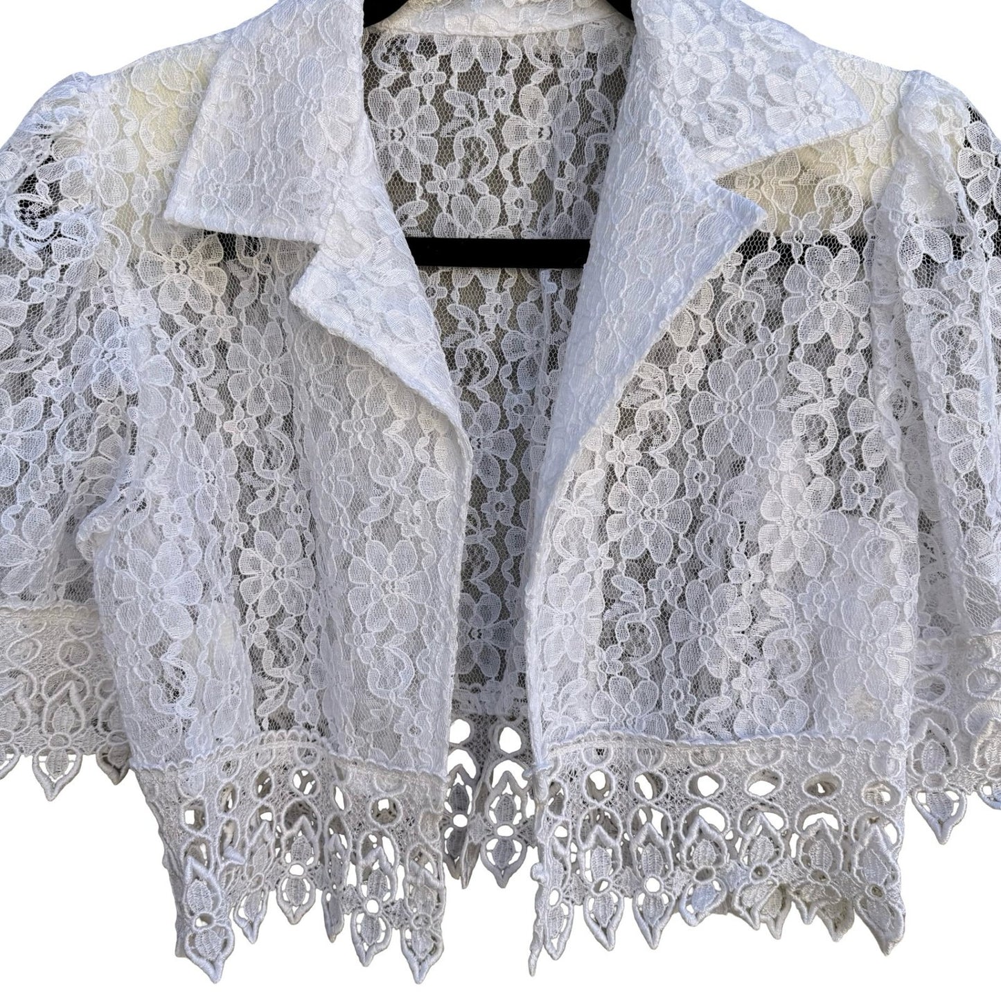 Vintage White Floral Lace Cropped Bolero Jacket Shrug Scalloped Trim Womens 12