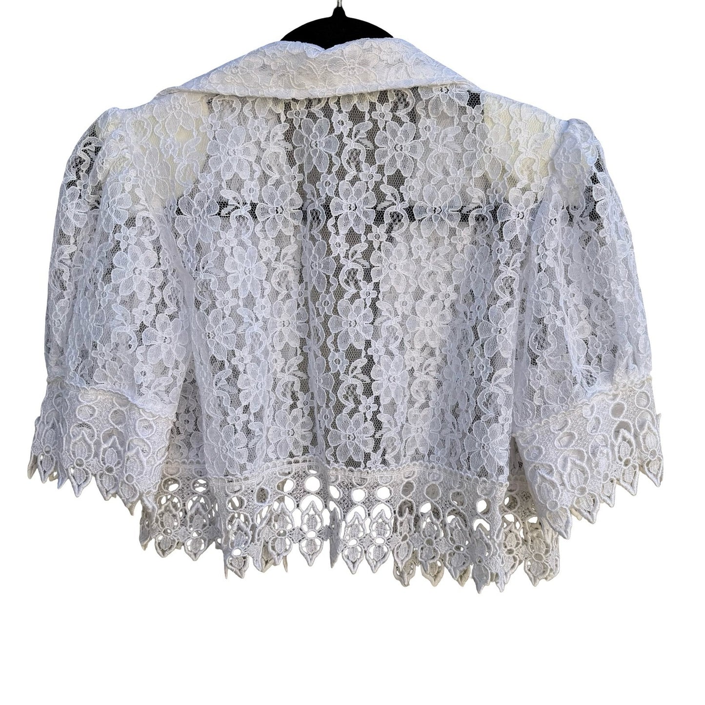 Vintage White Floral Lace Cropped Bolero Jacket Shrug Scalloped Trim Womens 12