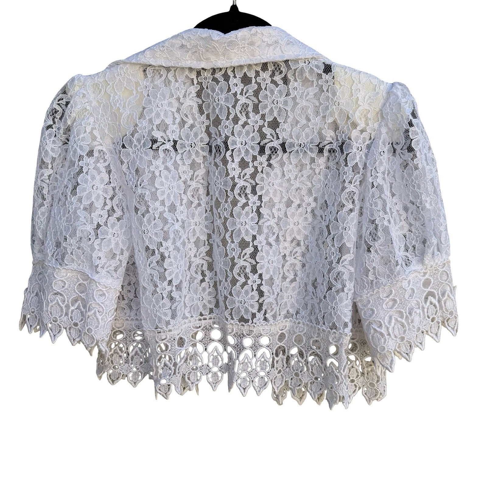 Vintage White Floral Lace Cropped Bolero Jacket Shrug Scalloped Trim Womens 12