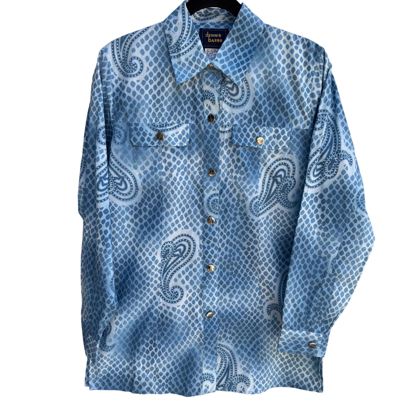Dennis Basso Blue Paisley Snake Dot Print Long Sleeve Button-Up Shirt New S