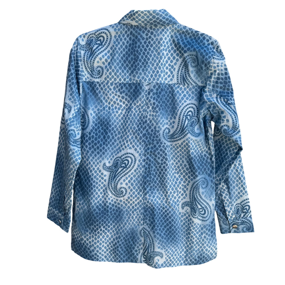 Dennis Basso Blue Paisley Snake Dot Print Long Sleeve Button-Up Shirt New S
