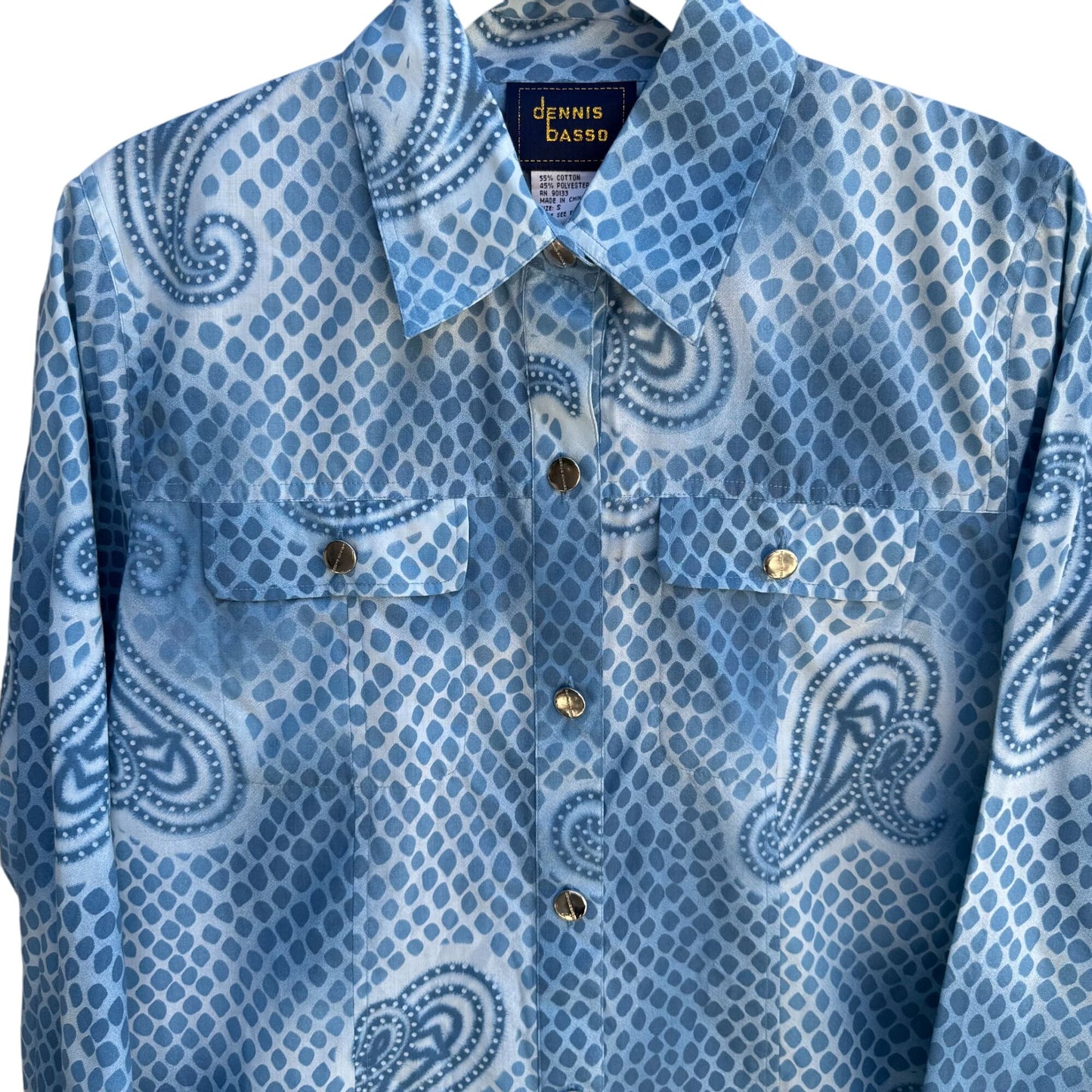 Dennis Basso Blue Paisley Snake Dot Print Long Sleeve Button-Up Shirt New S