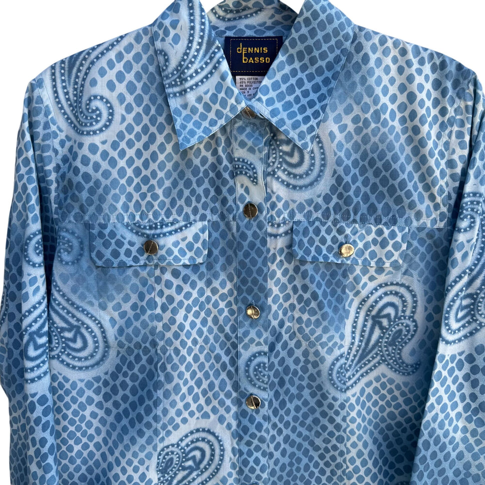 Dennis Basso Blue Paisley Snake Dot Print Long Sleeve Button-Up Shirt New S