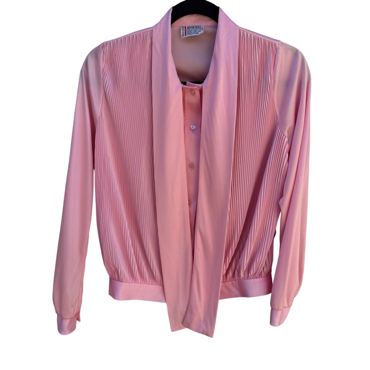 Spiegel Vintage 70s 80s Pink Pleated Long Sleeve Bow Collar Band Waist Blouse M