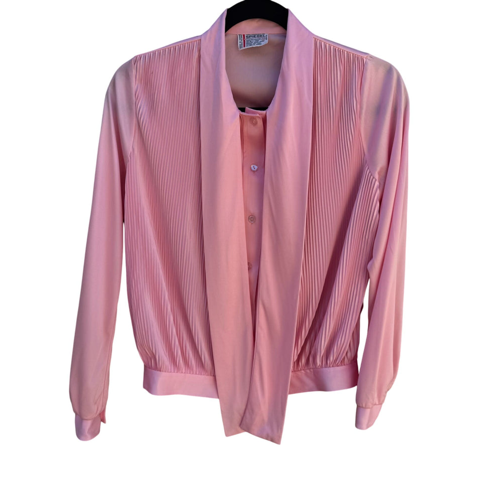 Spiegel Vintage 70s 80s Pink Pleated Long Sleeve Bow Collar Band Waist Blouse M