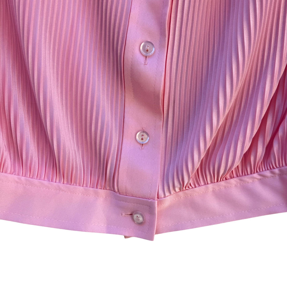 Spiegel Vintage 70s 80s Pink Pleated Long Sleeve Bow Collar Band Waist Blouse M