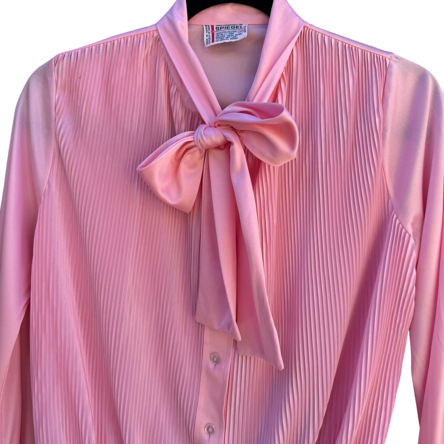 Spiegel Vintage 70s 80s Pink Pleated Long Sleeve Bow Collar Band Waist Blouse M
