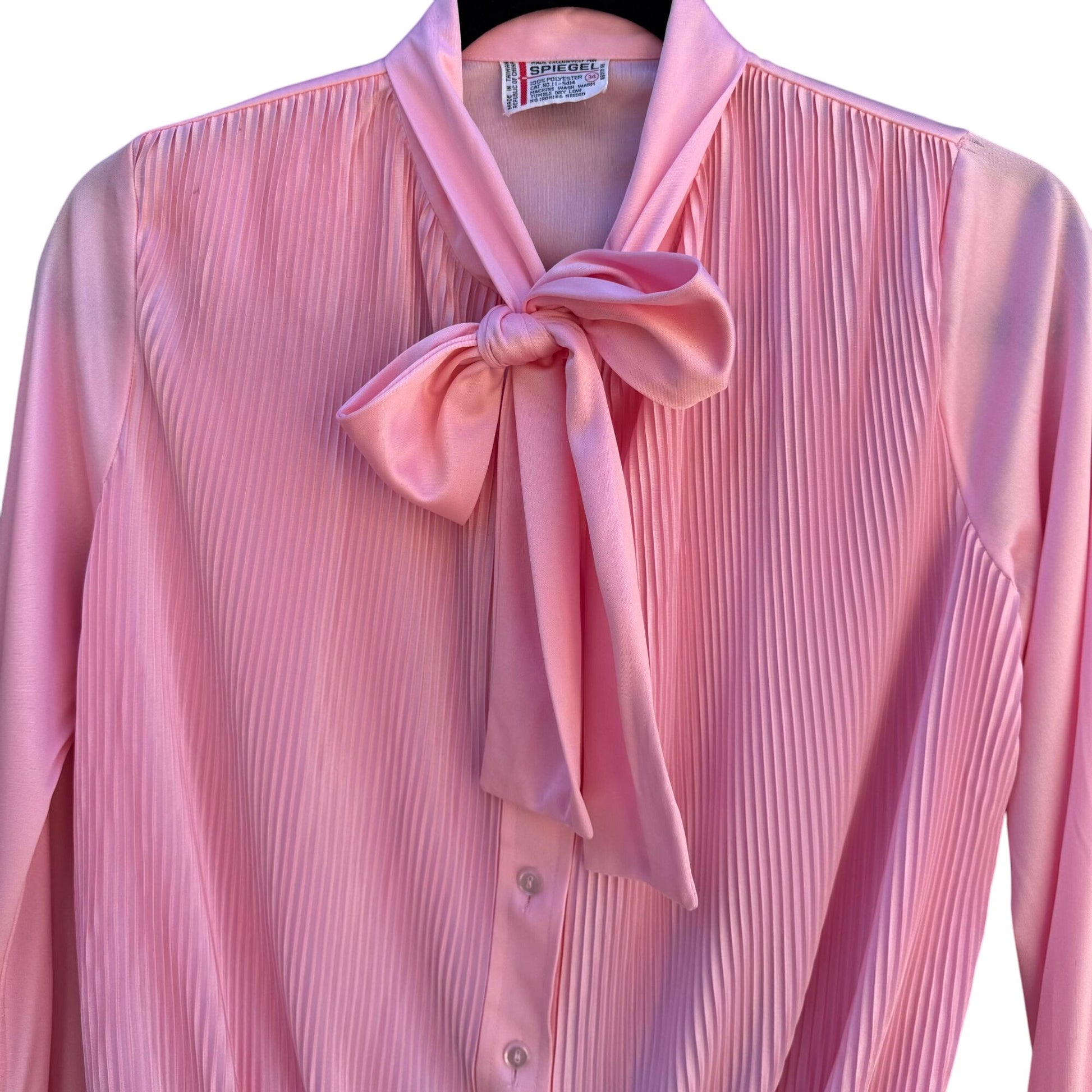 Spiegel Vintage 70s 80s Pink Pleated Long Sleeve Bow Collar Band Waist Blouse M