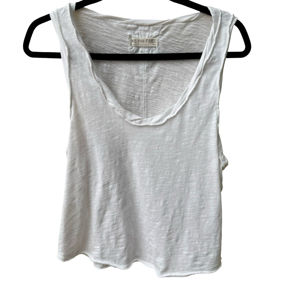 We The Free Raw Edge Minimalist Boho Slub Knit Scoop Neck Seam Tank Top White S