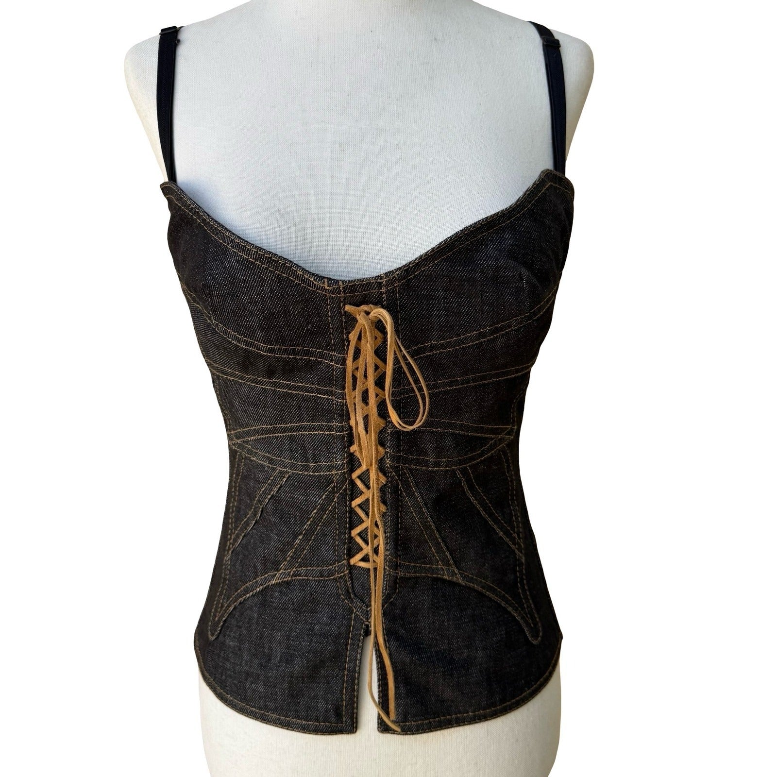 Dolce & Gabbana Y2K Designern Luxury Denim Lace Up Corset Bustier Top Italy 40