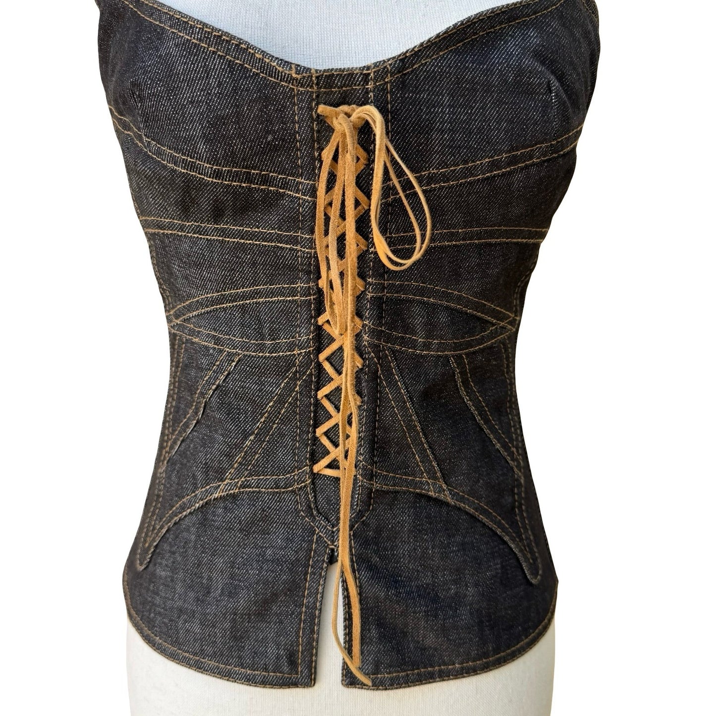 Dolce & Gabbana Y2K Designern Luxury Denim Lace Up Corset Bustier Top Italy 40