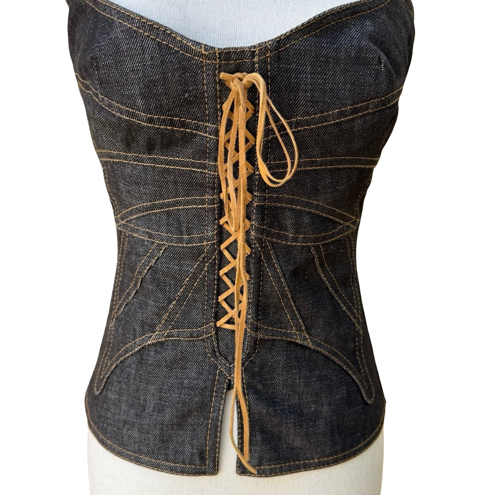 Dolce & Gabbana Y2K Designern Luxury Denim Lace Up Corset Bustier Top Italy 40