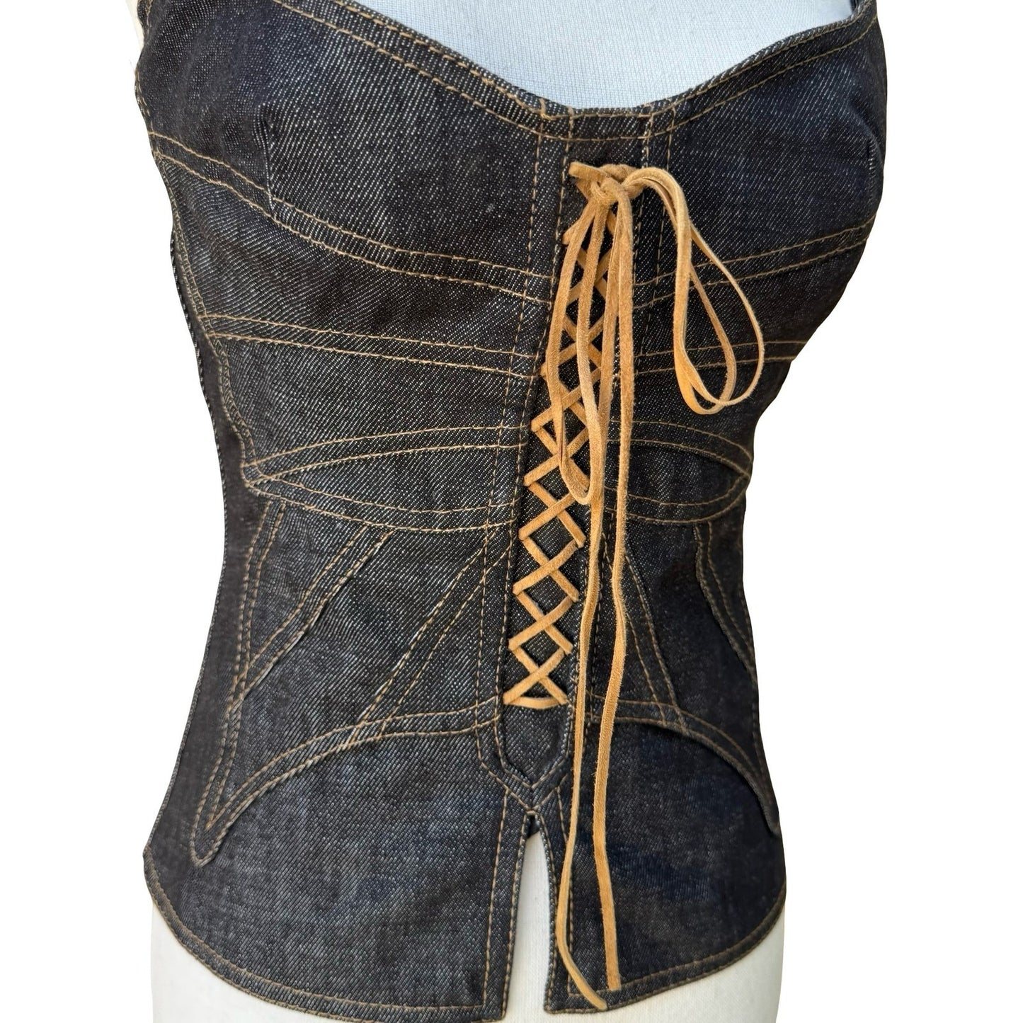 Dolce & Gabbana Y2K Designern Luxury Denim Lace Up Corset Bustier Top Italy 40
