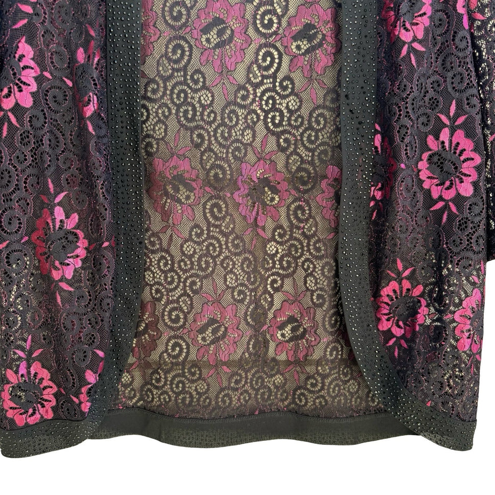 Yu Yuan Whimsigoth Beaded Glam Floral Lace Rhinestone Open Front Cardigan Black