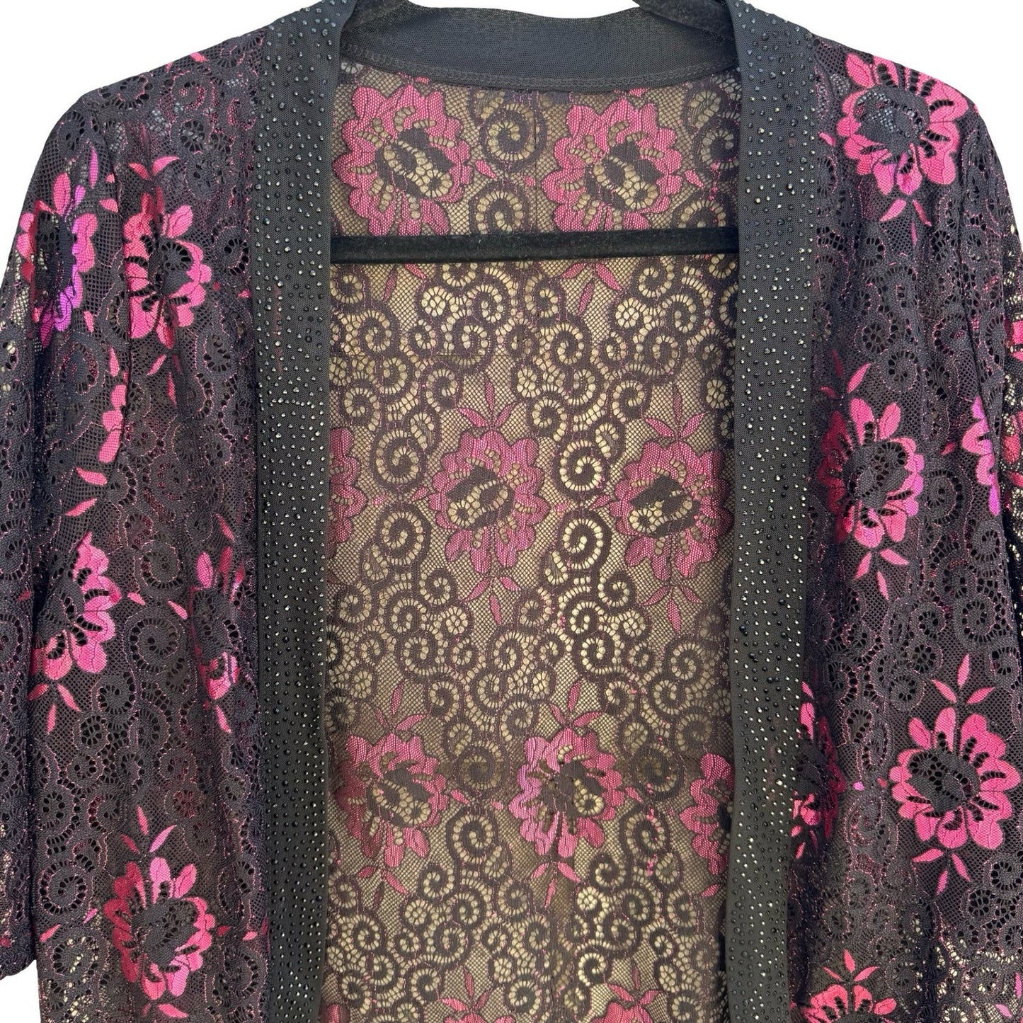 Yu Yuan Whimsigoth Beaded Glam Floral Lace Rhinestone Open Front Cardigan Black