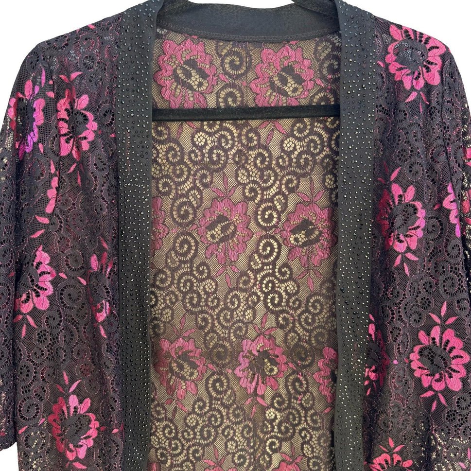 Yu Yuan Whimsigoth Beaded Glam Floral Lace Rhinestone Open Front Cardigan Black