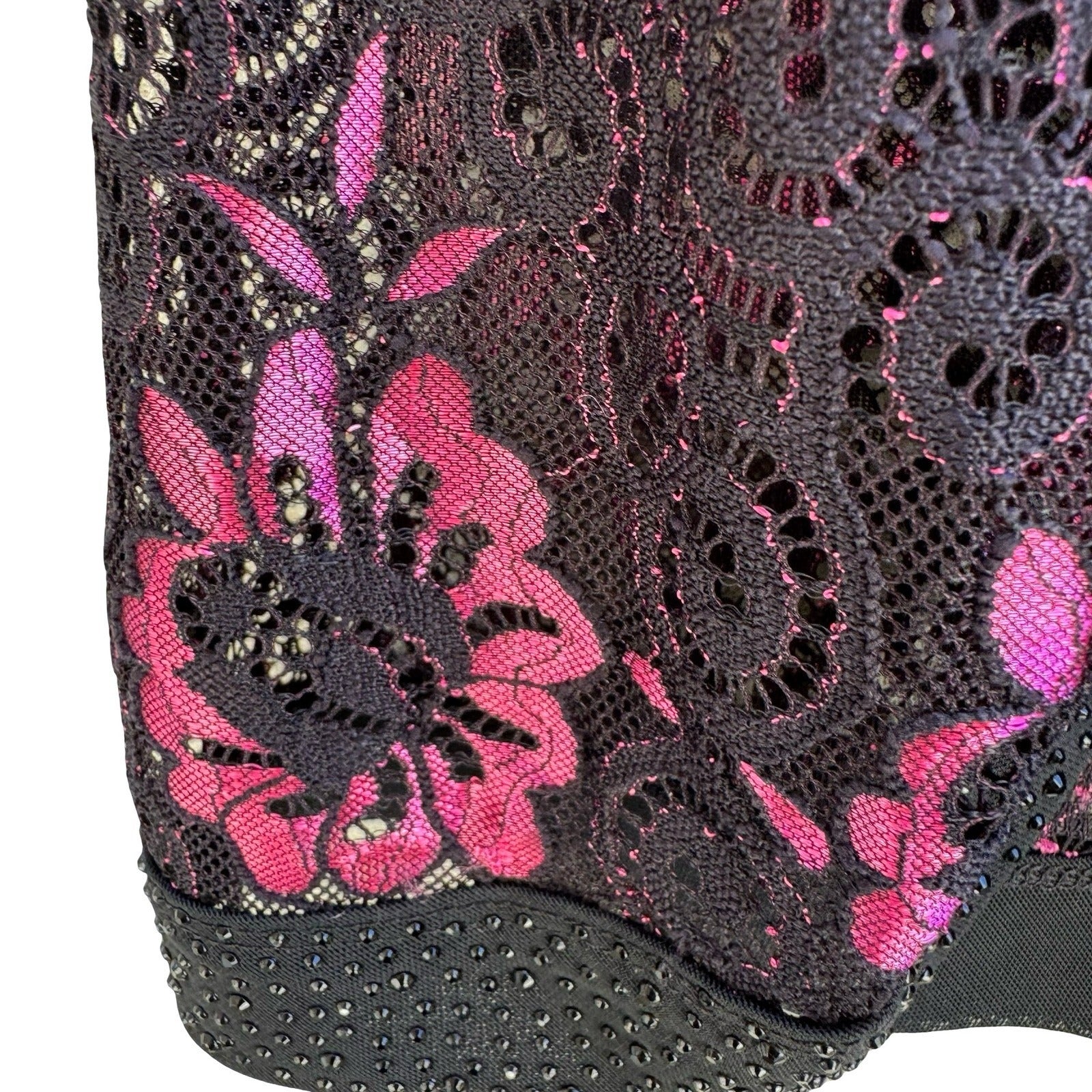 Yu Yuan Whimsigoth Beaded Glam Floral Lace Rhinestone Open Front Cardigan Black