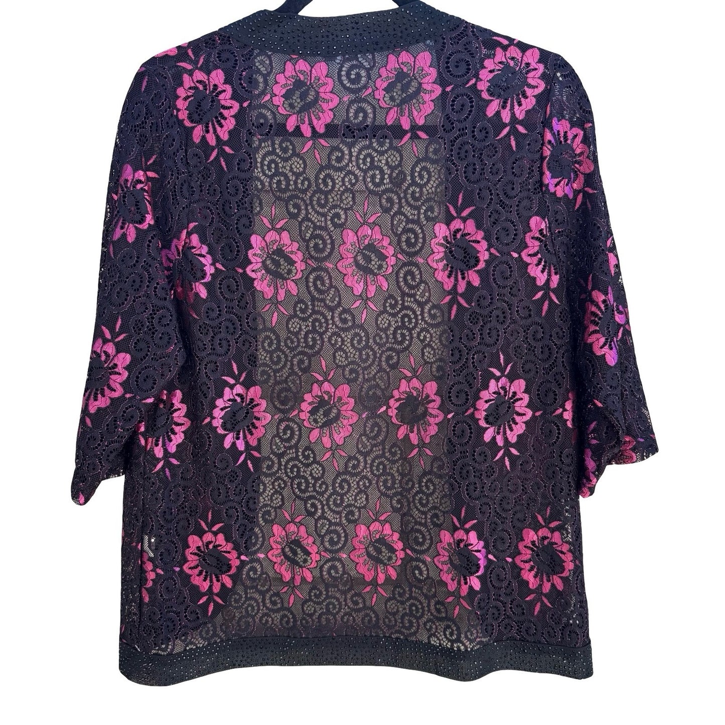 Yu Yuan Whimsigoth Beaded Glam Floral Lace Rhinestone Open Front Cardigan Black