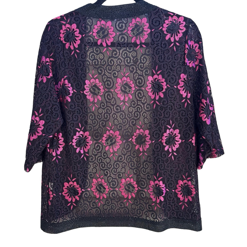Yu Yuan Whimsigoth Beaded Glam Floral Lace Rhinestone Open Front Cardigan Black