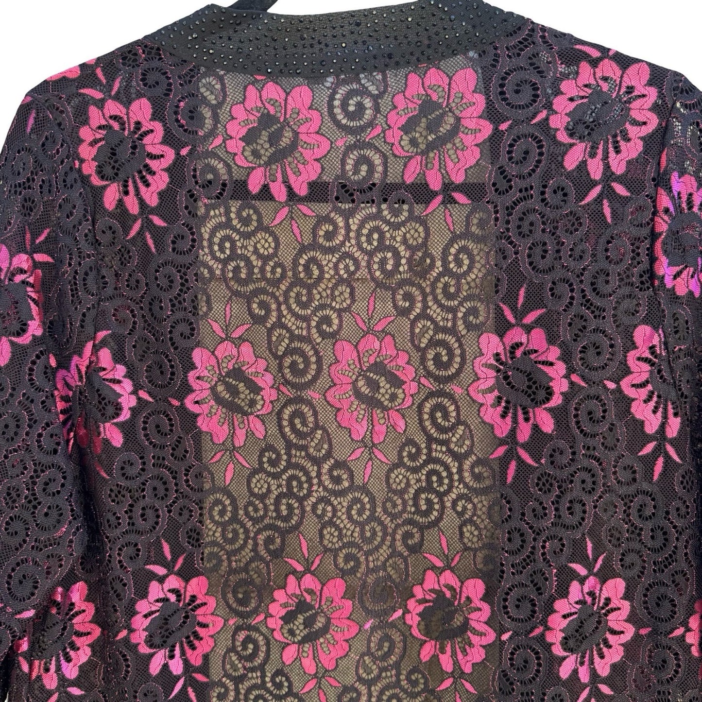 Yu Yuan Whimsigoth Beaded Glam Floral Lace Rhinestone Open Front Cardigan Black