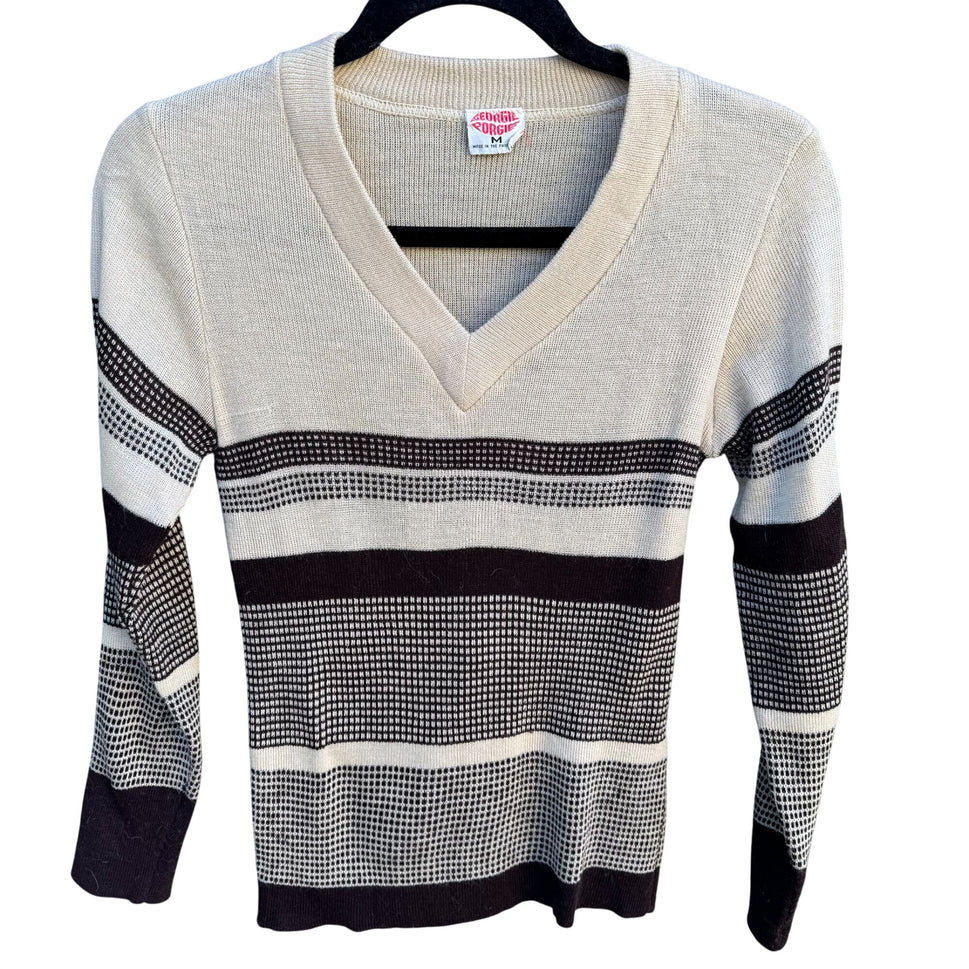 Georgie Porgie Vintage 70s 80s Womens Beige Brown Striped V-Neck Sweater Retro S