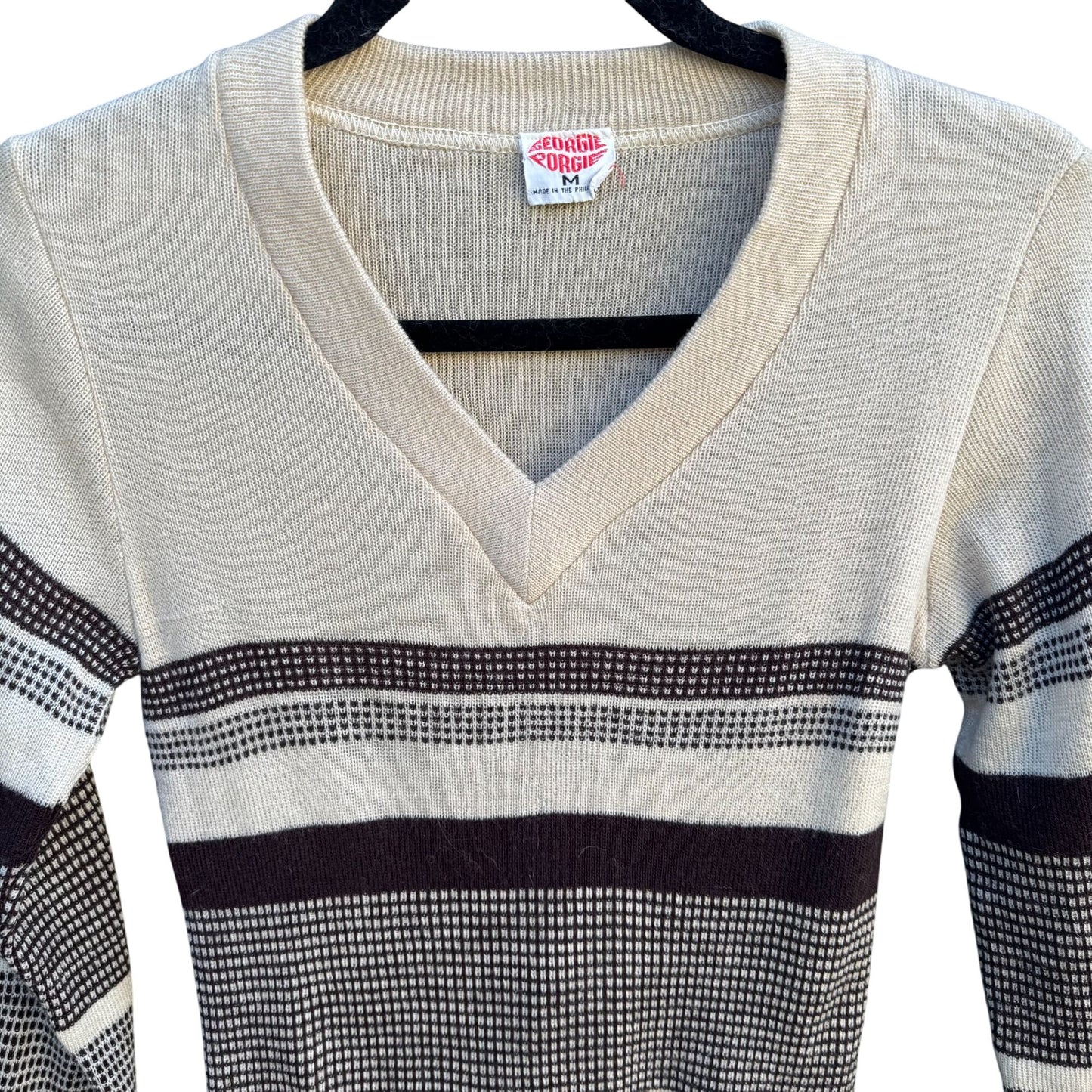 Georgie Porgie Vintage 70s 80s Womens Beige Brown Striped V-Neck Sweater Retro S