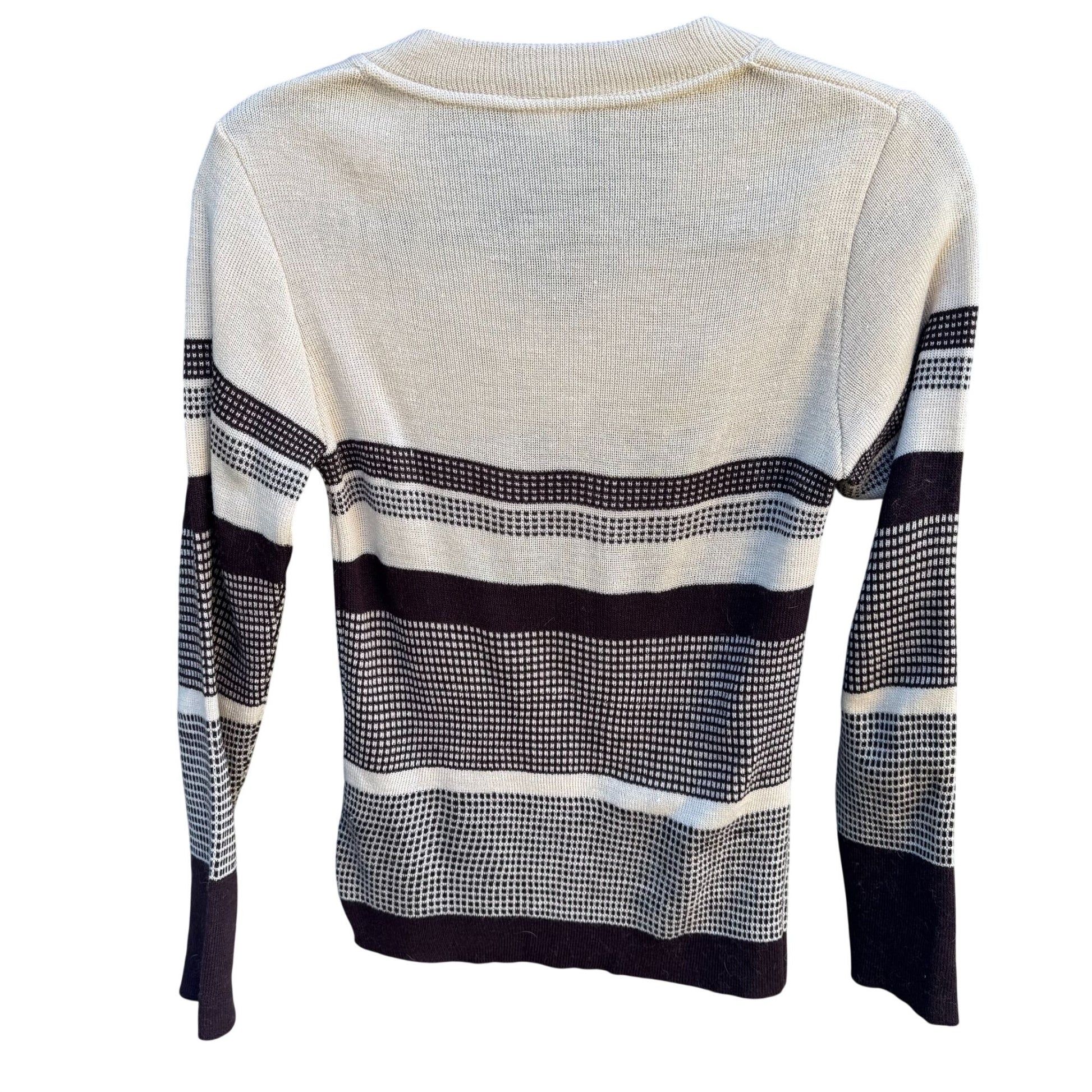 Georgie Porgie Vintage 70s 80s Womens Beige Brown Striped V-Neck Sweater Retro S