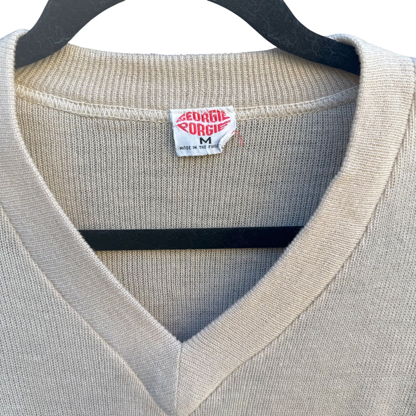 Georgie Porgie Vintage 70s 80s Womens Beige Brown Striped V-Neck Sweater Retro S
